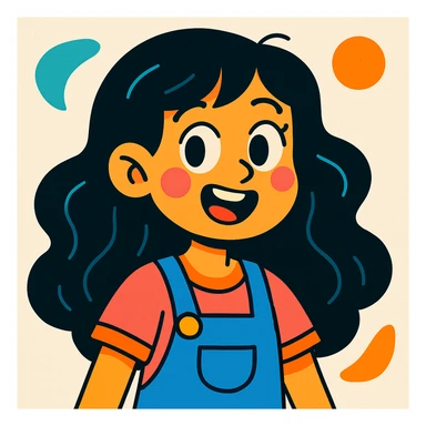 chica de cabello largo ondulado negro, estilo cartoon colorido, fondo claro sticker