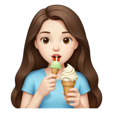 beautiful pale brunette girl with long hair eating an ice cream sticker