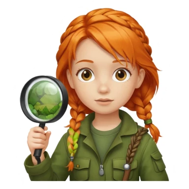 braid orange haired girl kid in moss green explorer outfit, holding magnifying glass sticker