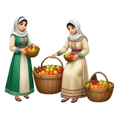 A nostalgic and culturally rich scene of Palestinian women dressed in traditional embroidered thobes harvesting fruit in an orchard. Their vibrant and intricately designed dresses reflect deep heritage, while their coordinated efforts collecting fruit in a woven basket sticker