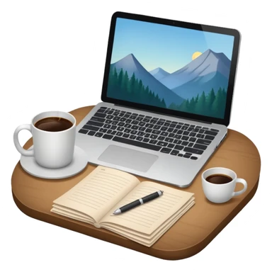 emoji of a cozy desk with a paper, a coffee, and a laptop on it sticker