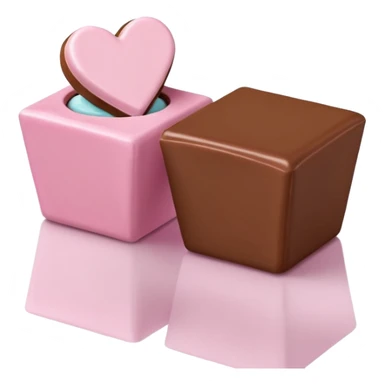 Two square milk chocolate 2 pralines only, Each praline is a sharp-edged cube with smooth glossy chocolate coating, placed in a small white fluted paper candy cup. On top of each cube is a flat pastel pink heart-shaped icing, thin and smooth, slightly translucent, with fine sugar crystal sparkle. sticker