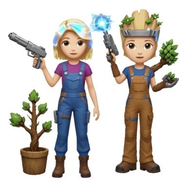 Can you make an emoji with groot from guardian of the galaxy, and groot should look like he does in the movie,  with me standing next to him. I’m a white female with blonde hair and I like to wear overalls. We should be shooting galaxy guns  sticker