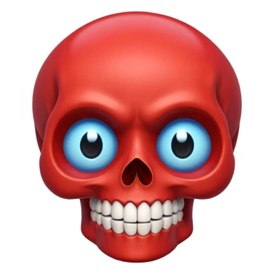 “A bright red cartoon skull with a smooth shiny surface, large round blue eyes with white outlines, a wide exaggerated smile showing big detailed teeth, simple black nose cavity, clean symmetrical face shape, centered on a plain light background, HD, sharp, vibrant, no distortion.” sticker