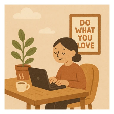 a home office setup with a single person, coffee cup, and motivational poster, representing solopreneurship, cozy minimal style sticker