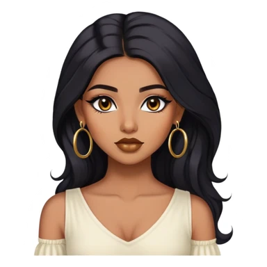 indian girl, brown skin, long black voluminous hair, brown underneath colored hair, baddie,pretty, makeup, lipliner, black eyeliner, gold hoop earrings, white top sticker