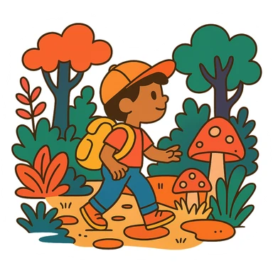 child with backpack exploring an enchanted forest sticker