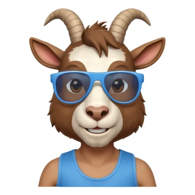 3D cartoon goat man portrait, head and shoulders, brown fur, small horns, blue reflective sunglasses, slight smile, tank top, soft lighting, centered, clean background, no text, no watermark
 sticker