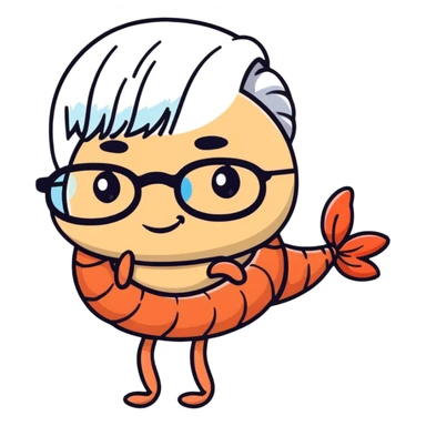 a little shrimp that is old with white hair and glasses, elderly shrimp character with white eyebrows and hair, wearing round glasses sticker