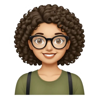 Young Latina with light brown skin. Cheerful round face. Brown eyes behind black glasses. Thick natural eyebrows. Curly hair reaching shoulders, voluminous with defined curls. Big smile showing dimples. Wearing olive green shirt with wide straps. sticker