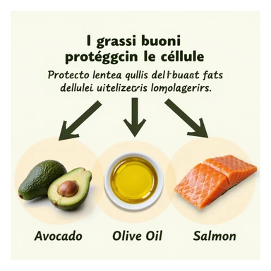 realistic infographic showing cell membranes protected by healthy fats (avocado, olive oil, salmon), arrows showing protective action, educational style, Italian caption 'I grassi buoni proteggono le cellule', colorful background sticker