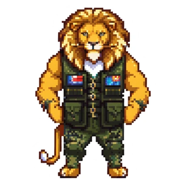 muscular lion wearing a military vest sticker