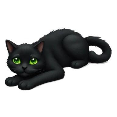 Black furry cat fully body laying down with green eyes sticker