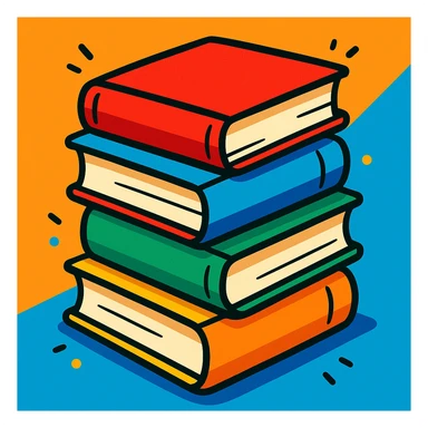 a stack of books, vibrant cartoon style sticker