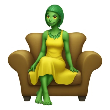 alien reptilian woman in jellow dress, sitting on a couch  sticker