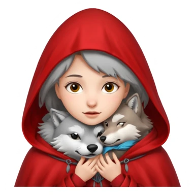 Niña del cuento de caperucita roja acariciando la cabeza de un lobo macho sticker