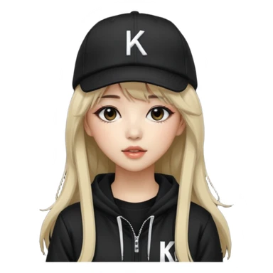 Portrait of a female K-pop idol, wearing a stylish streetwear outfit with layered clothing, long hair with bangs, makeup, wearing a black cap sticker