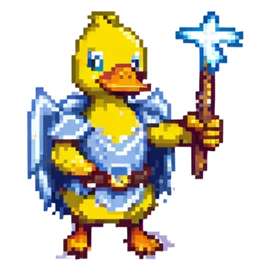 pixel art duck wielding Mjolnir with a lightning rod, no armor, plain yellow duck sticker