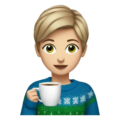 Light brown short haired girl with green eyes drinking coffee wearing blue Christmas sweater sticker