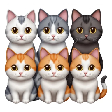 4 different coloured short haired cats including; a dark brown and white cat, and a dark grey and white, and a calico sticker
