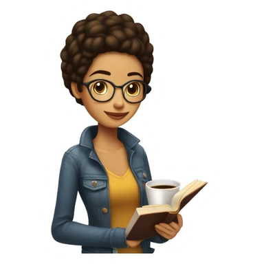 Chica morena pelo largo con un libro y un café  sticker