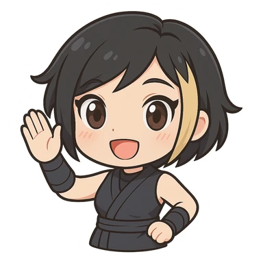 Make this exact chibi ninja girl wave upward, keeping the same anime chibi style, face, outfit, and colors. Only change the arm position for animation. Transparent background, sized for Twitch emoji use. sticker