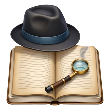 Icon for Detective Reading: an open book with a magnifying glass, a detective’s hat, and a notebook with clues, surrounded by dark shadows and mysterious elements like footprints and a smoking pipe. Transparent background. sticker
