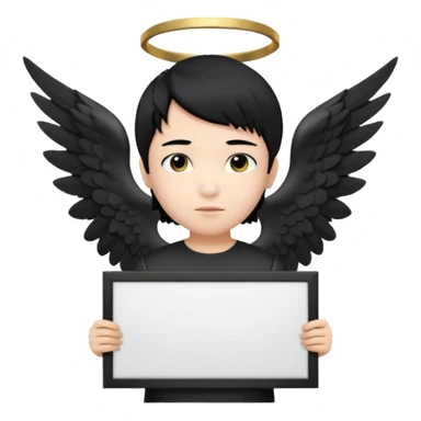 Asian Boy Angel with black hair black eyes black halo and black wings holding a large blank sign sticker