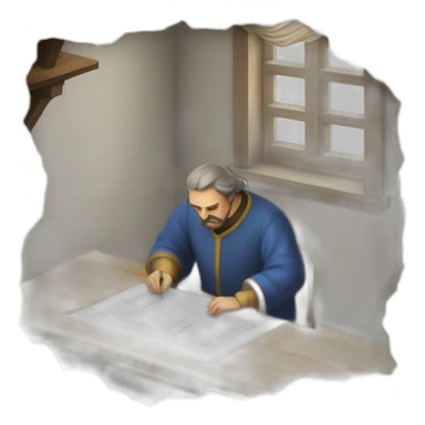 medieval architect working, overseeing a floor plan laid out on a piece of paper sticker
