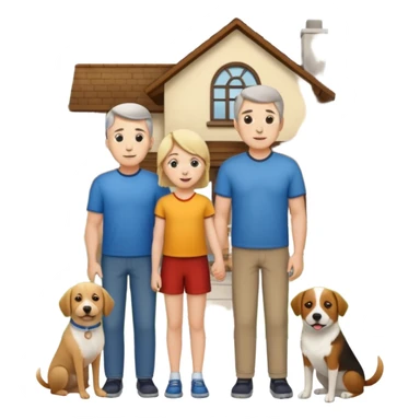 1 Father 1 Mother and 1 young boy who is half as tall as the parents, standing in front of their house with a dog next to them. Everyone should look VERY happy sticker
