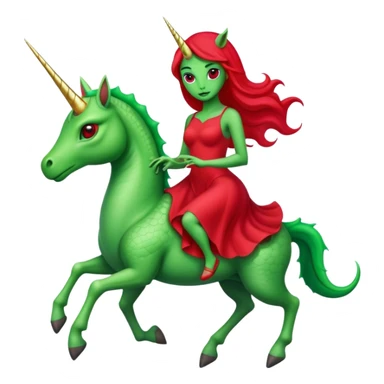 "reptilian green alien woman in red dress", rides unicorn
 sticker