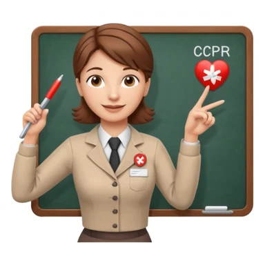 Happy Teacher, female, brown hair up, holding a pointer to a white board with a CPR logo. sticker