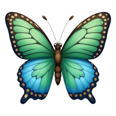 A butterfly with blue edges, green wings, and a black body, Between the wings brown  sticker