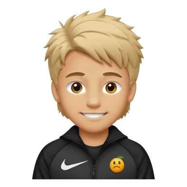 make a boy with fluffy dirty blond hair hazel eyes tan white smirky smile and nike tech sticker
