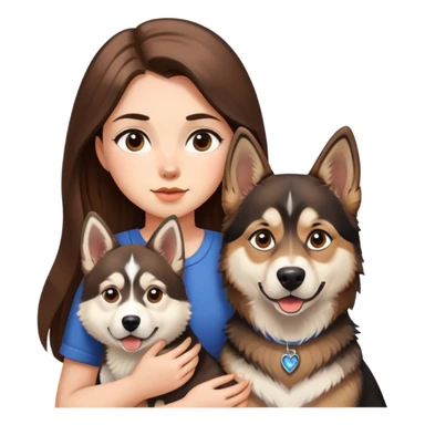 girl with long brown hair holding a german shepherd and a husky sticker