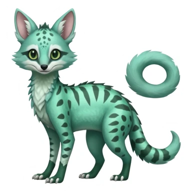 Feral Rare Fantasy minty-cyan pastel-seafoam-green Hunter-forest-green  Vernid-Sergal-Genet-Trico-species by LiLaiRa, random markings, tufted tail, tufted ears, full body sticker