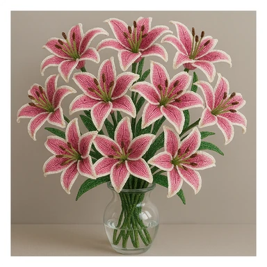 a dozen french beaded pink stargazer lilies in a clear glass vase, intricate beadwork, vibrant pink petals with white edges, green stems, realistic floral arrangement, elegant and detailed sticker
