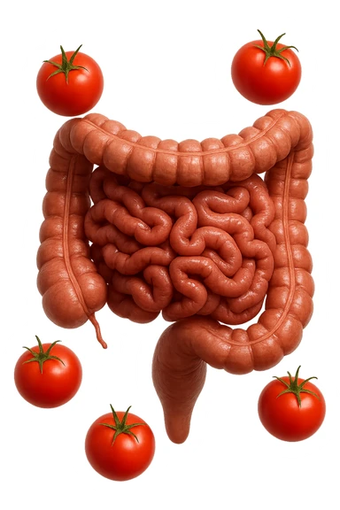 intestino umano anatomico con pomodori che gli fluttuano intorno, iperrealistico 4k sticker