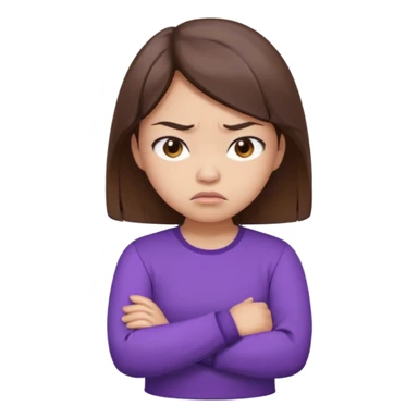 Angry Pouty girl with small asian eyes folding arms in a purple longsleeve shirt she has fair skin and brown hair sticker