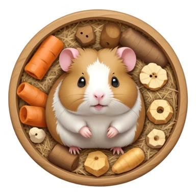 Icon for Hamster and Guinea Pig: A cute, colorful collage with a fluffy hamster running in its wheel, and a chubby guinea pig munching on some hay. Soft, playful background with tiny food pellets and a cozy bedding area. Transparent background. sticker