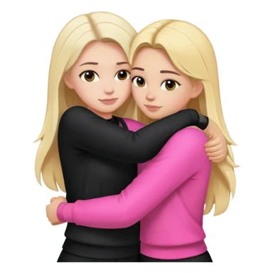 create an emotional smiley in the form of 2 girls hugging each other, 1 is dressed in black clothes with dark hair, the second girl is blonde in pink clothes. sticker