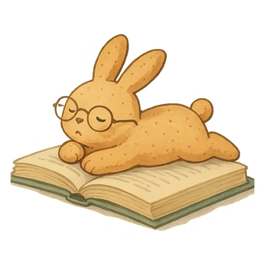 full-body biscuit bunny lying on a book with slipping glasses, soft Ghibli style sticker