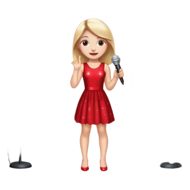 Девушка одета в дорогое платье , стоит на сцене. Рядом микрофон, свет софитов, много камер sticker