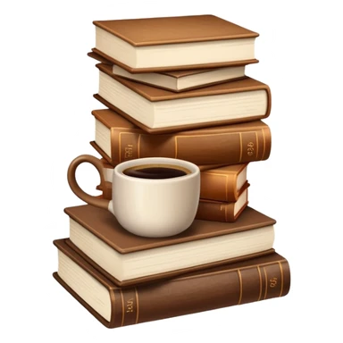 Stack of brown books with a coffee cup on top sticker