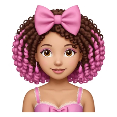 medium-light kinned afro-latina girl with medium length chocolate brown side part curly hair, brown eyes, pink sweetheart necklined top with lace, round wide-ish nose, chubby long shaped face, pink hair bow sticker