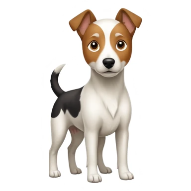 a full body large white parson russell looking dog the size of a kelpie with light brown ears and a light brown patch on one eye and a large snout sticker