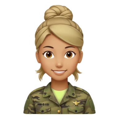 Apple-style emoji: female soldier, bust, no cap/helmet, friendly smile, generic camo top, hair in bun, soft gradients sticker