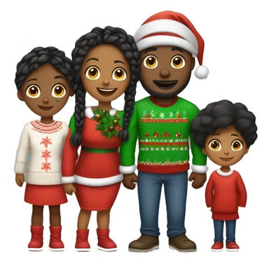 Black family of four members with Dad, Mom, Son, and Daughter. The Son and Daughter are teenagers. The Mom has braids. The Dad is light skinned.All family members are wearing Christmas sweaters and Santa hats.  sticker