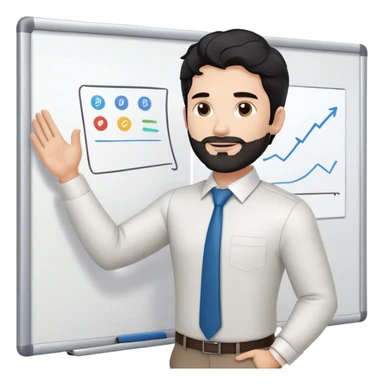 Professional 35-year-old man with black wavy hair, stubble, strong jawline, white skin tone, wearing smart casual business attire, standing in front of a diverse group, facilitating an interactive leadership workshop with whiteboard and participants sticker