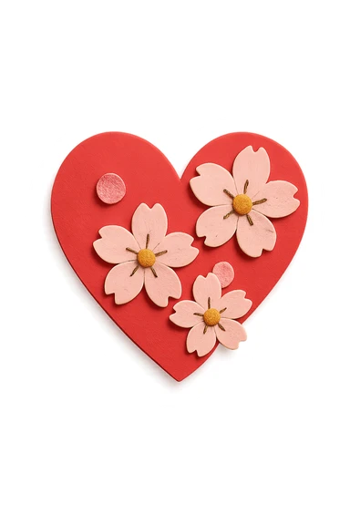 heart with sakura flowers and pink shimmer, paper craft style sticker
